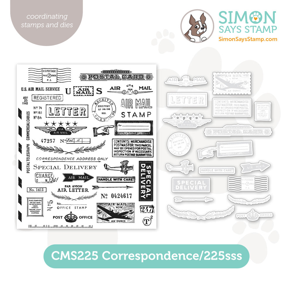 Simon Says Stamp coordinating dies Correspondence and Tim Holtz Cling Rubber stamp set postal air mail postage stamp airplane letter special delivery