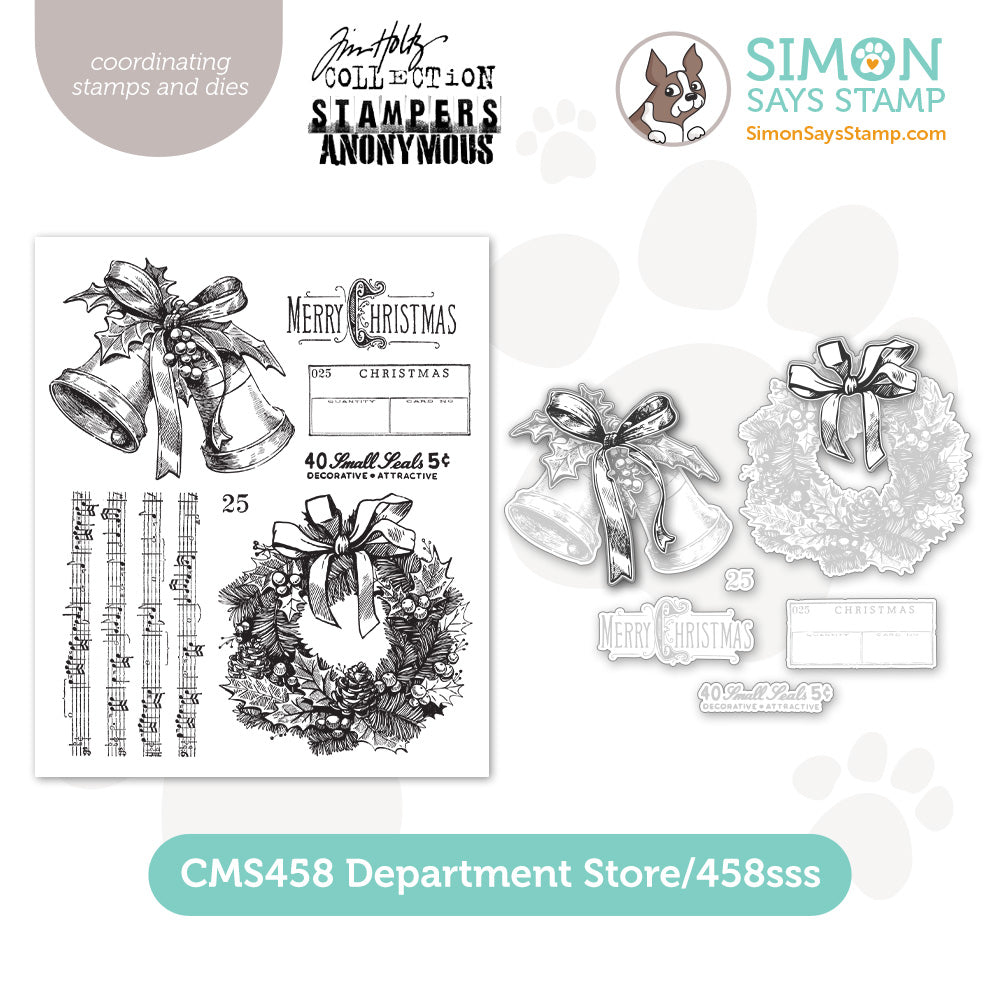 bundle of stamps plus dies that cut out outlines department store wreath bells holly setds26