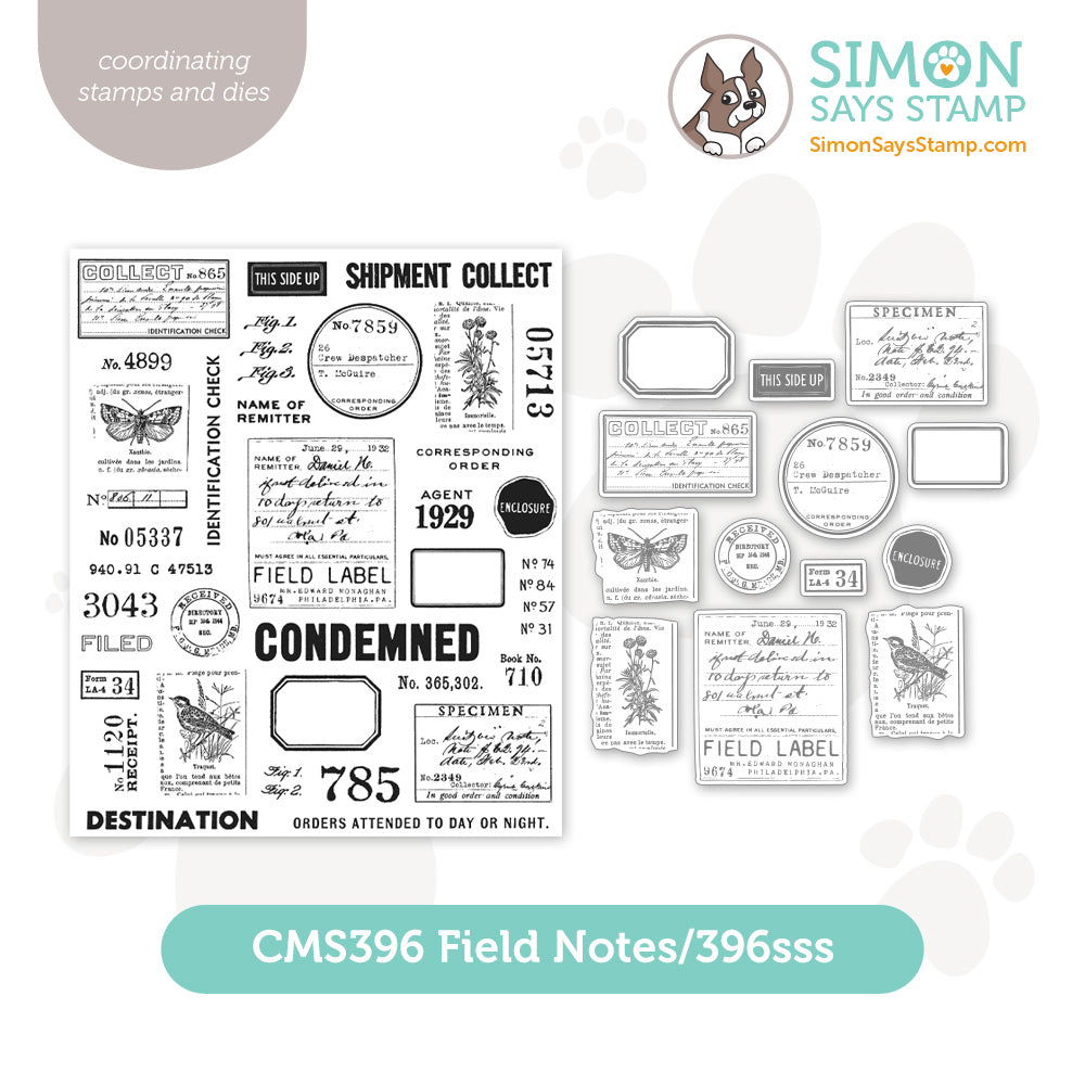 Simon Says coordinating die plus tim holtz cling rubber stamps field notes label journal notes butterfly flower specimen bird