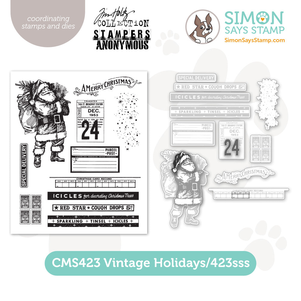 bundle of stamps and dies to cut out vintage holidays santa claus with sack labels 24 setvh26