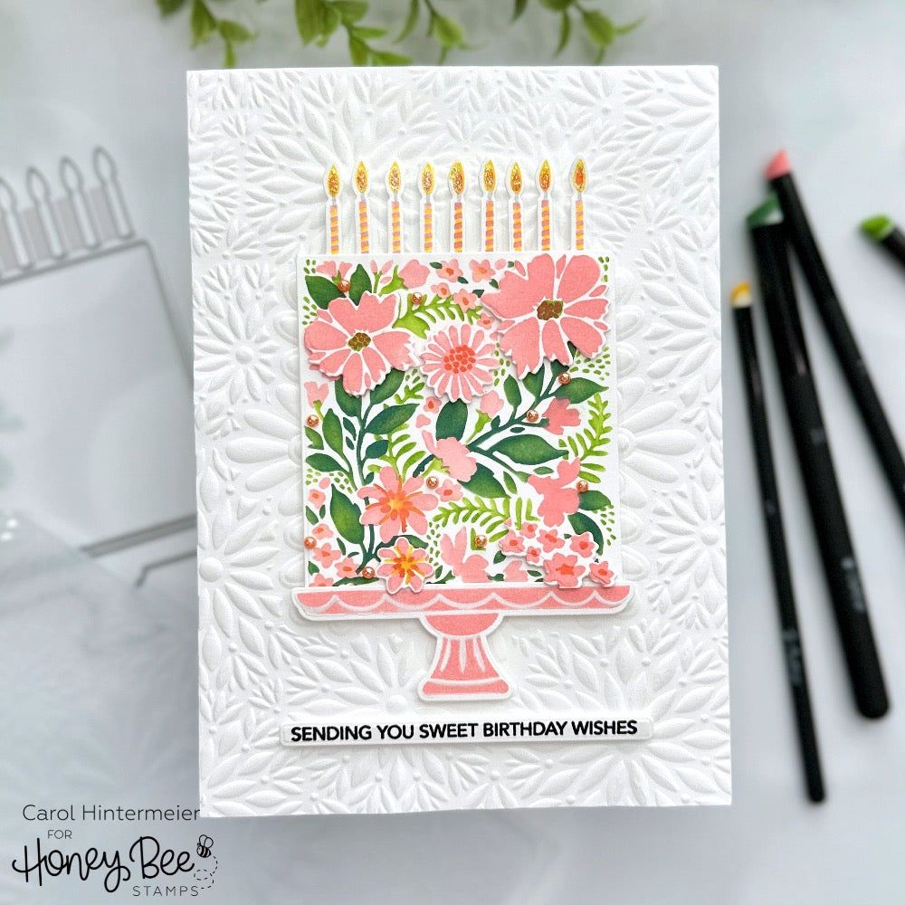 Honey Bee Soiree Embossing Folder hbef-015 Floral Birthday Cake Card