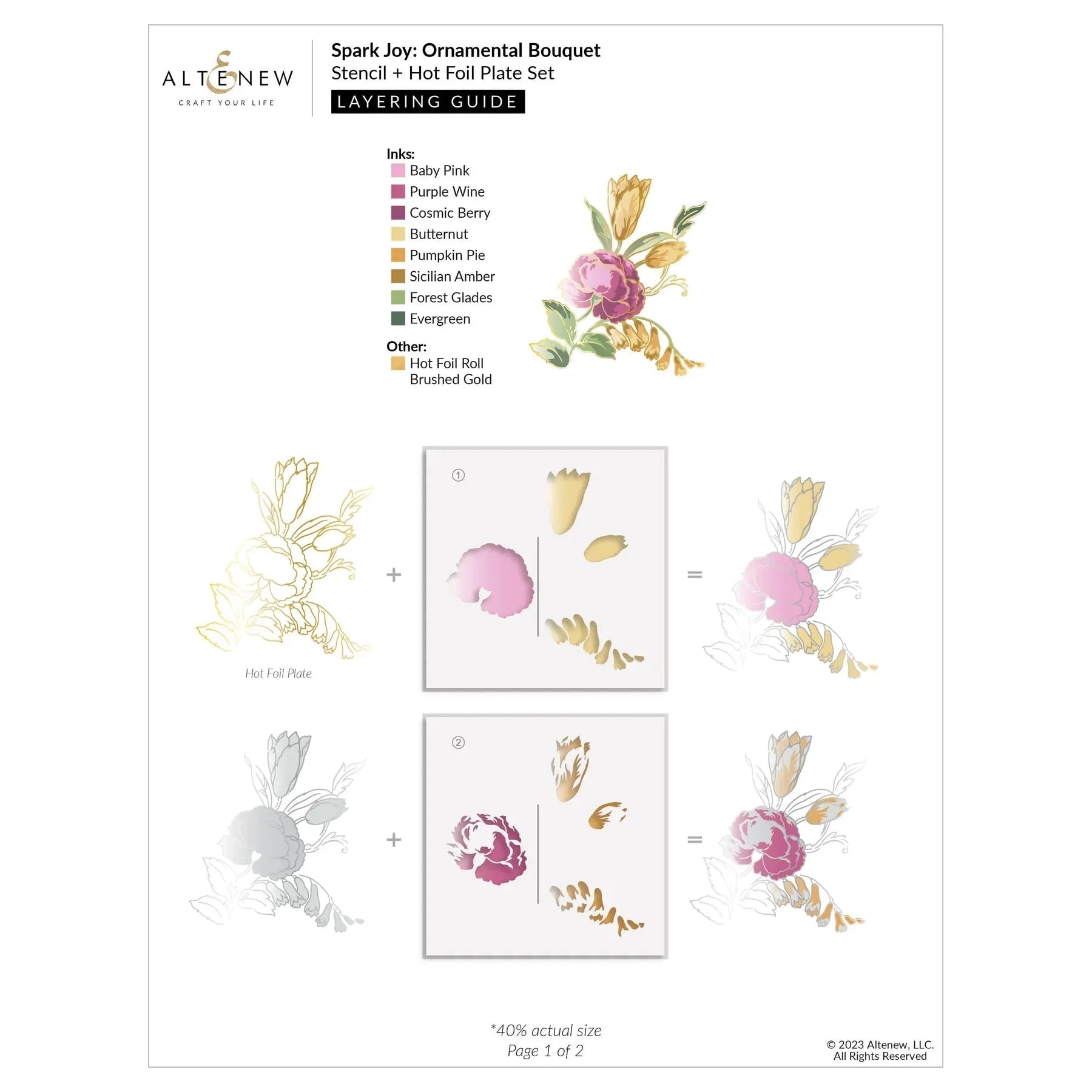 Altenew Spark Joy Ornamental Bouquet Hot Foil Plate and Stencil Set alt8098bn layering guide