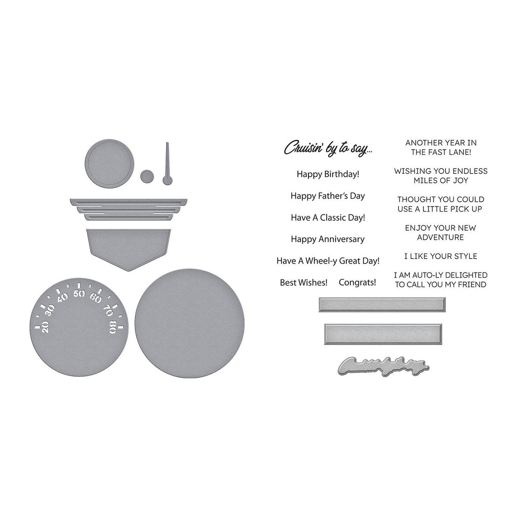 Spellbinders Speedometer and Cruisin By Sentiments Stamp and Die Bundle parts