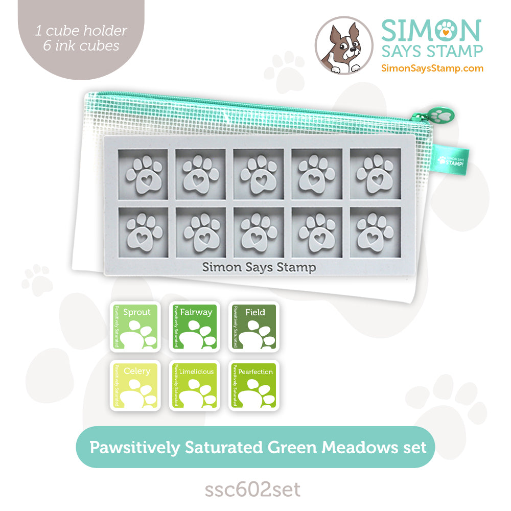 Simon Says Stamp Pawsitively Saturated Ink Cubes Green Meadows And Gray Cube Holder Set