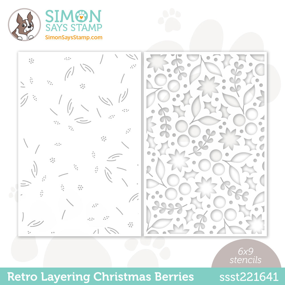 Simon Says Stamp Set of 2 Stencils RETRO LAYERING CHRISTMAS BERRIES ssst221641