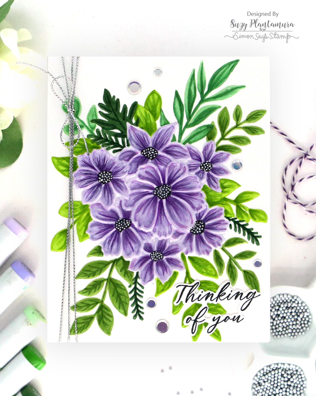 Simon Says Stamp Embossing Folder Deluxe Bouquet sf666 Suzy Plantamura Purple Flowers Thinking of You Card | color-code:ALT01
