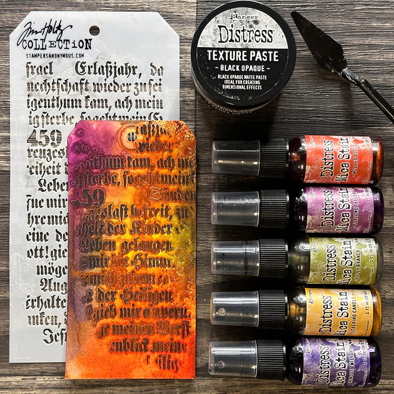 Ranger Tim Holtz Distress Texture Paste Sparkle And Black Opaque Bundle paste with mica stains and stencil | color-code:ALT04