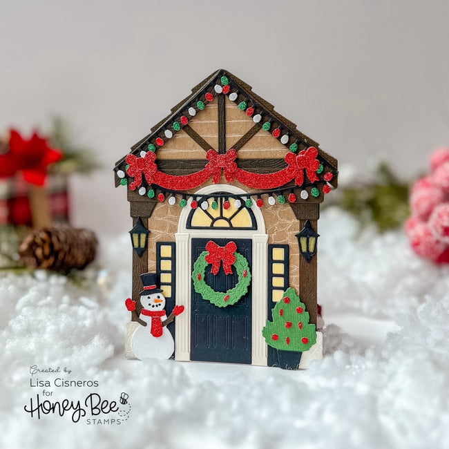 Honey Bee Lovely Layers Front Porch Holiday Add On Dies hbds-llfphl Christmas Decorated House Card