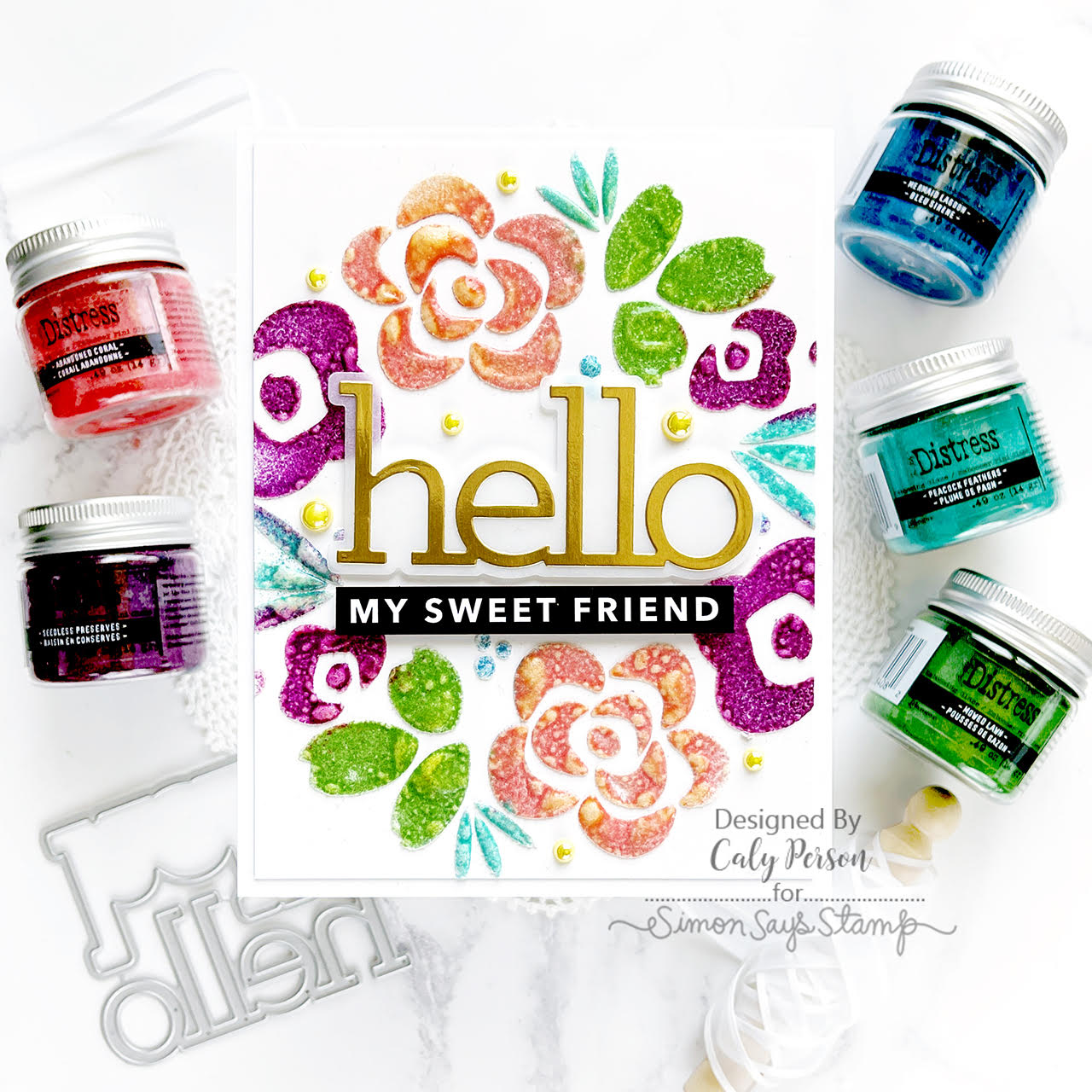 Tim Holtz Distress Embossing Glaze Peacock Feathers Ranger tde84099 Hello My Sweet Friend Card | color-code:ALT01