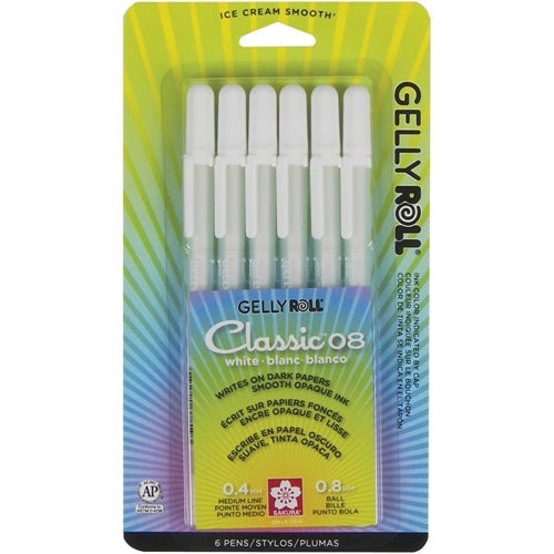 Simon Says Stamp! Sakura 6 WHITE Gelly Roll Classic Medium Point Pens Set 57488