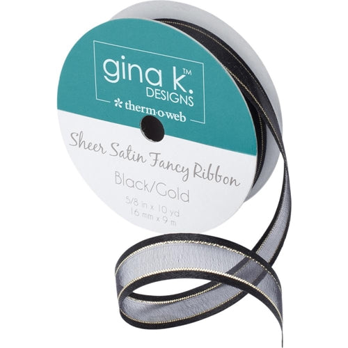 Simon Says Stamp! Therm O Web Gina K Designs BLACK AND GOLD Sheer Satin Fancy Ribbon 18002
