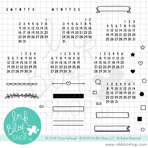Calendar Clear Stamp or Acrylic Block for planners, bullet