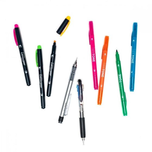 Tombow Creative Notetaking Kit 0.7mm Ballpoint Pen 0.5mm HB Pencil (4) Bullet/Chisel Tip Markers,(3)