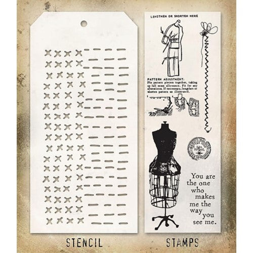 Simon Says Stamp! Tim Holtz Clear Stamps and Stencil HABERDASHERY, STITCHED AND DASHES THMM142