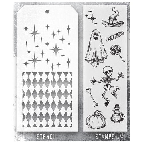 Simon Says Stamp! Tim Holtz Clear Stamps and Stencil HALLOWEEN DOODLES, HARLEQUIN AND SPARKLE THMM145