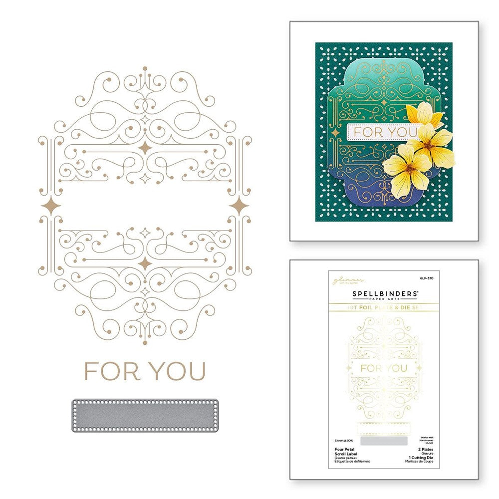 GLP-370 Spellbinders FOUR PETAL SCROLL LABEL Hot Foil Plate and Die Set detail