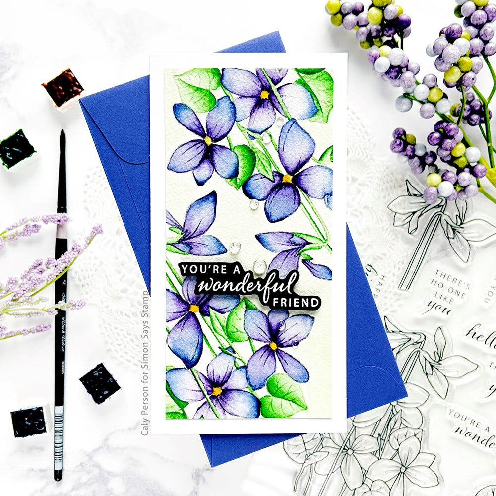 Gina K Designs Blue Violets Clear Stamps as24 Slimline Watercolor Floral Card | color-code:ALT01