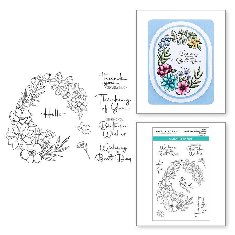 STP-180 Spellbinders Stylish Oval Birthday Wishes Clear Stamps close detail