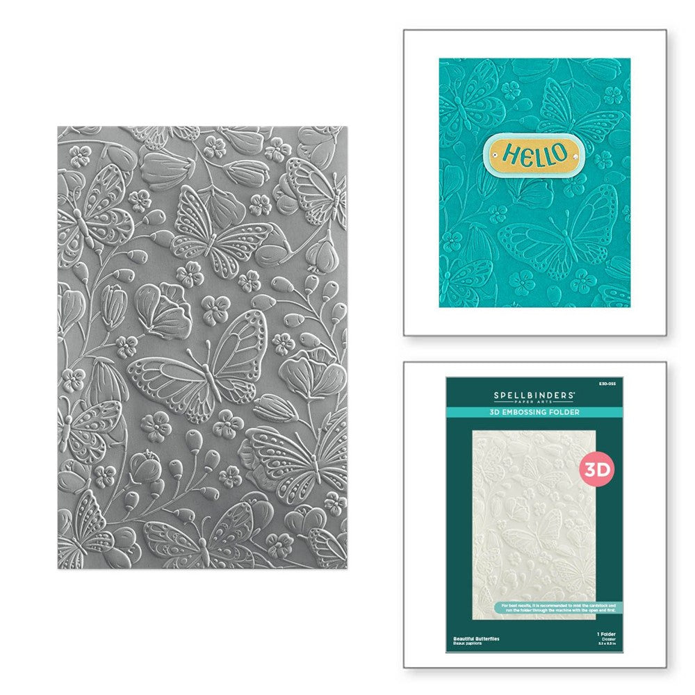 E3D-055 Spellbinders Beautiful Butterflies 3d Embossing Folder detail and example