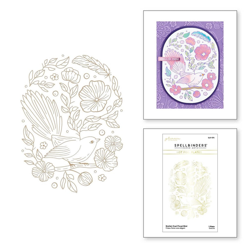 GLP-375 Spellbinders Stylish Oval Floral Bird Glimmer Hot Foil Plate detail and example