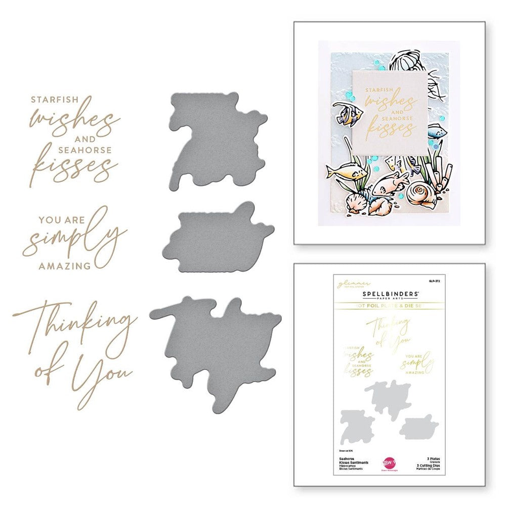 GLP-372 Spellbinders Seahorse Kisses Sentiments Glimmer Hot Foil Plates and Die Set detail and example