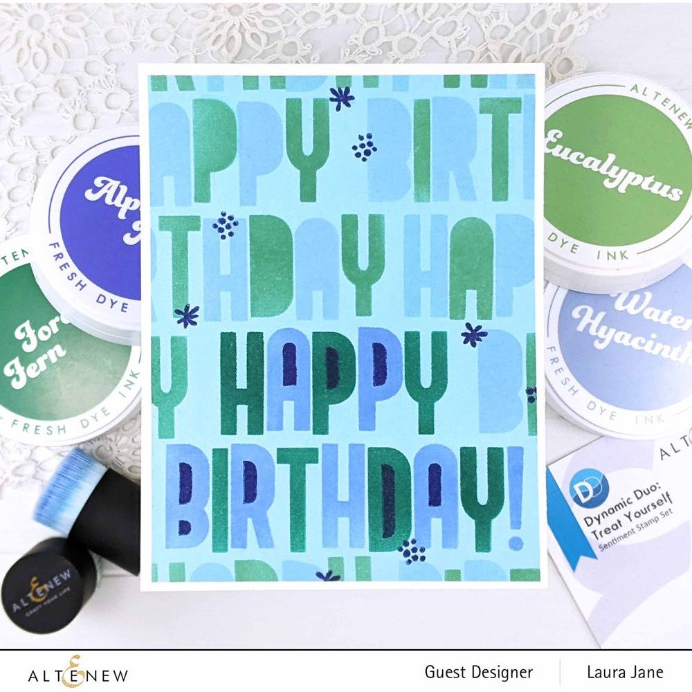 Altenew Dynamic Duo Treat Yourself Clear Stamp and Stencil Set ALT7711BN green and blue