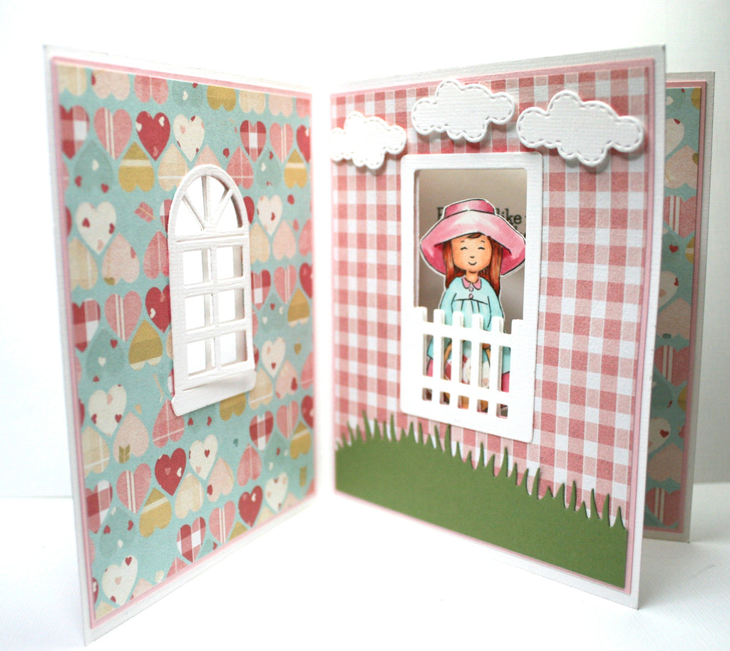 Art Impressions Front and Back Fence and Window Set Dies 5719 girl layered card