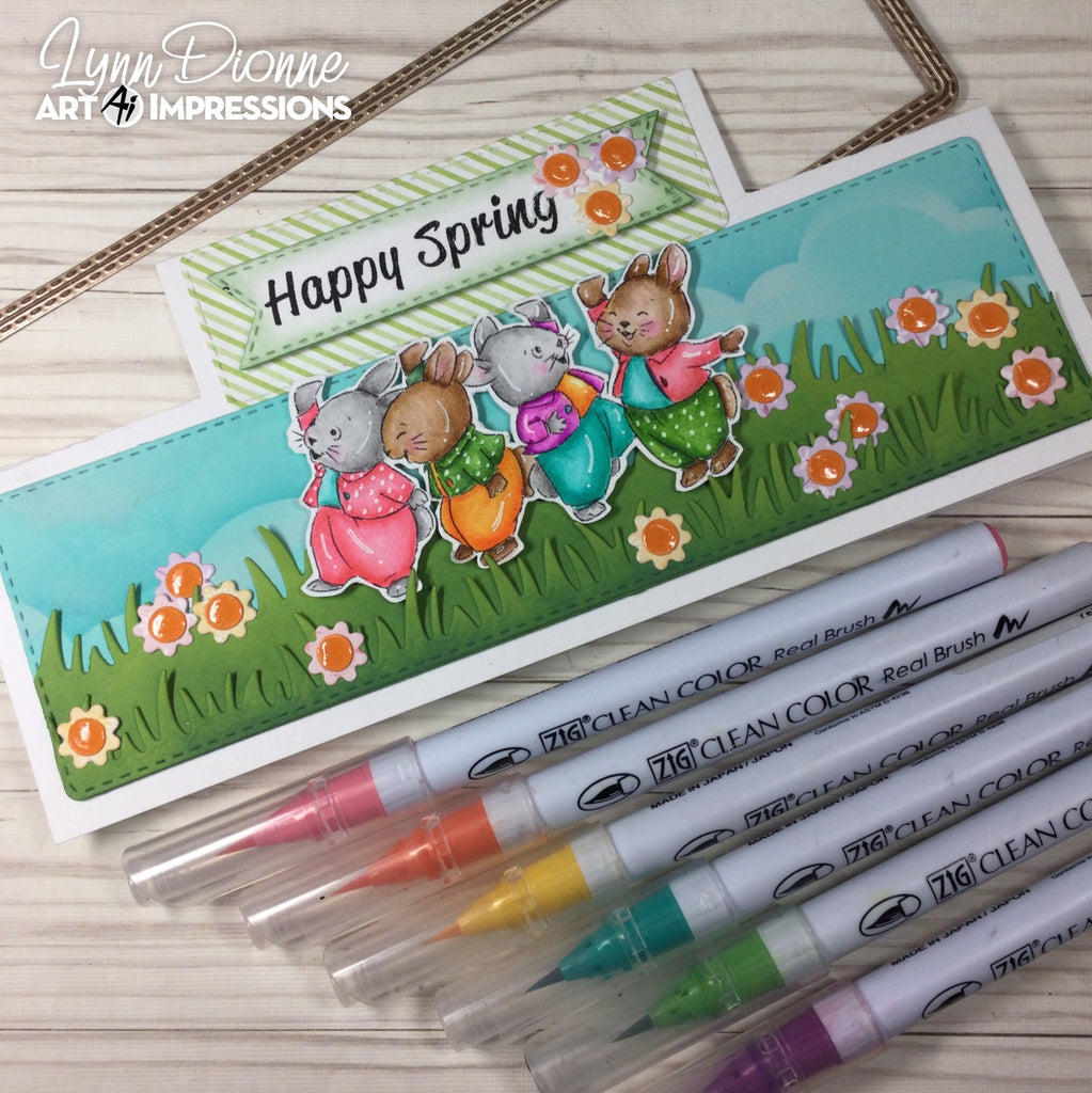 Art Impressions Happy Spring Flip Card Clear Stamps 5736 Bright Colored Slimline Bunny Card | color-code:ALT01