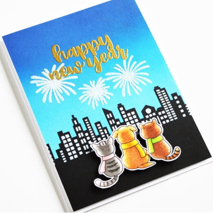 Clearly Besotted Skyline Silhouettes Stencil happy new year card