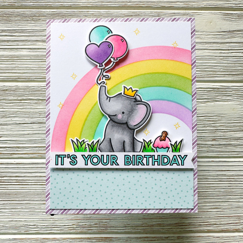 Lawn Fawn Stripes 'n Sprinkles 6x6 Inch Petite Pack lf2921 Birthday Rainbow Elephant Card