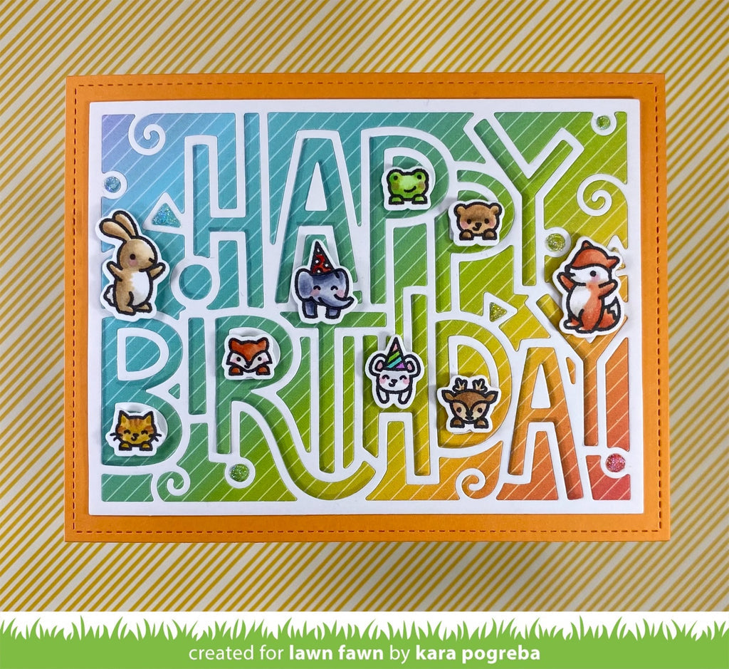 Lawn Fawn Landscape Giant Outlined Happy Birthday Die lf3103 rainbow tiny critters card