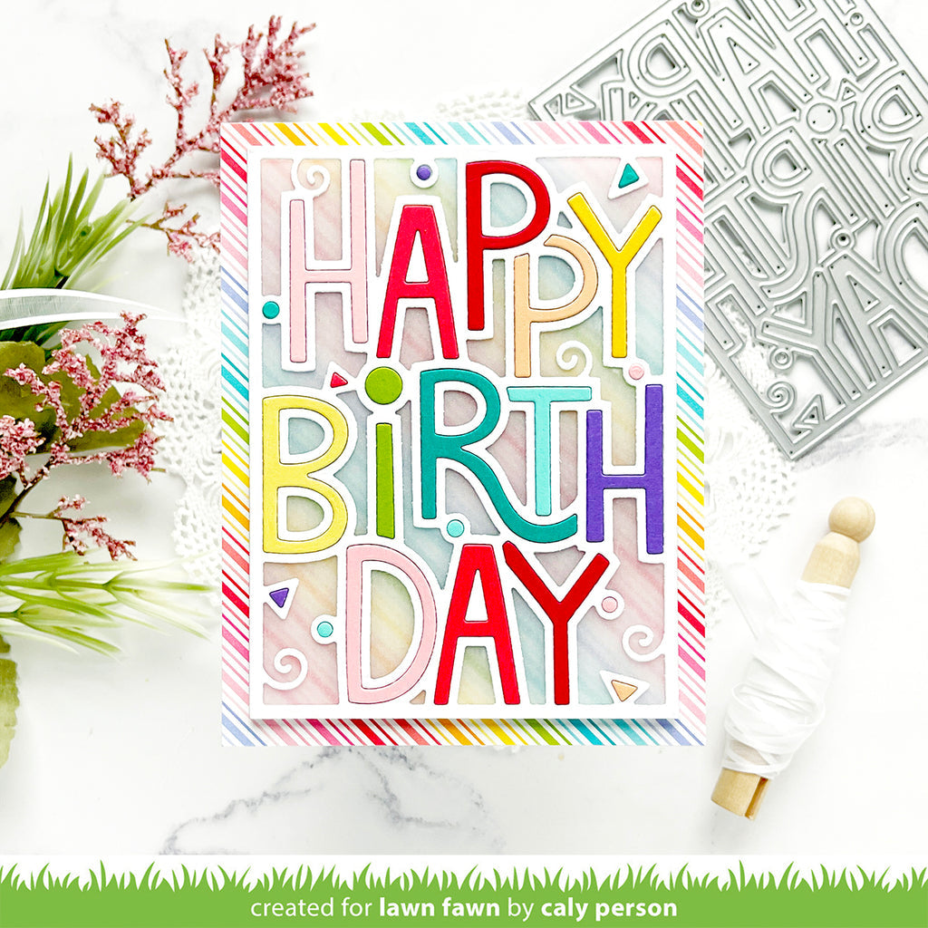 Lawn Fawn Portrait Giant Outlined Happy Birthday Die lf3104 White Outline with Vellum Background Card