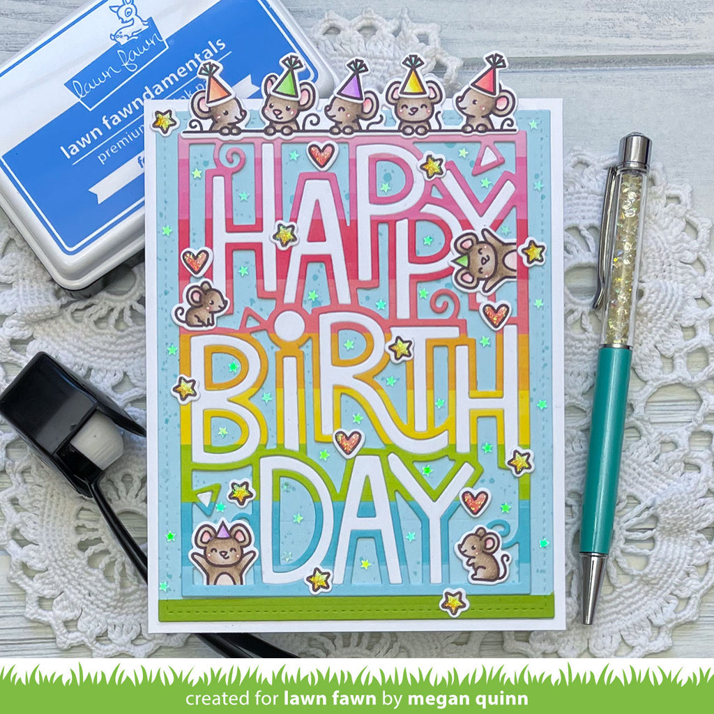 Lawn Fawn Portrait Giant Outlined Happy Birthday Die lf3104 Accented with Party Mice Card