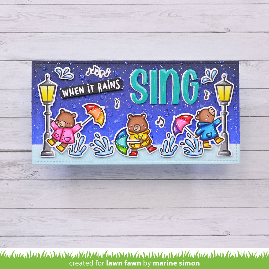 Lawn Fawn Set Here For You Bear Clear Stamps and Dies lfhfyb Slimline Singing in the Rain