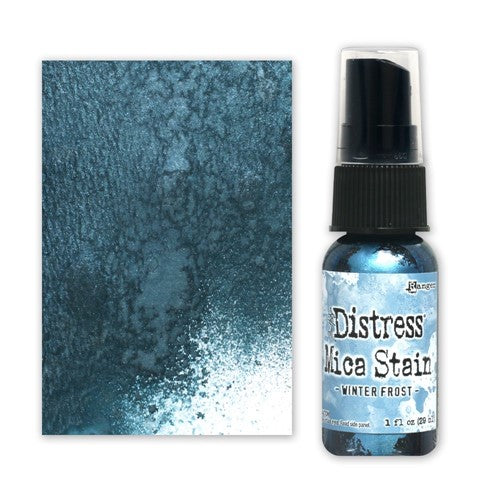 Tim Holtz Distress Winter Frost Mica Stain Ranger tsh87465 Swatch And Bottle Side by Side