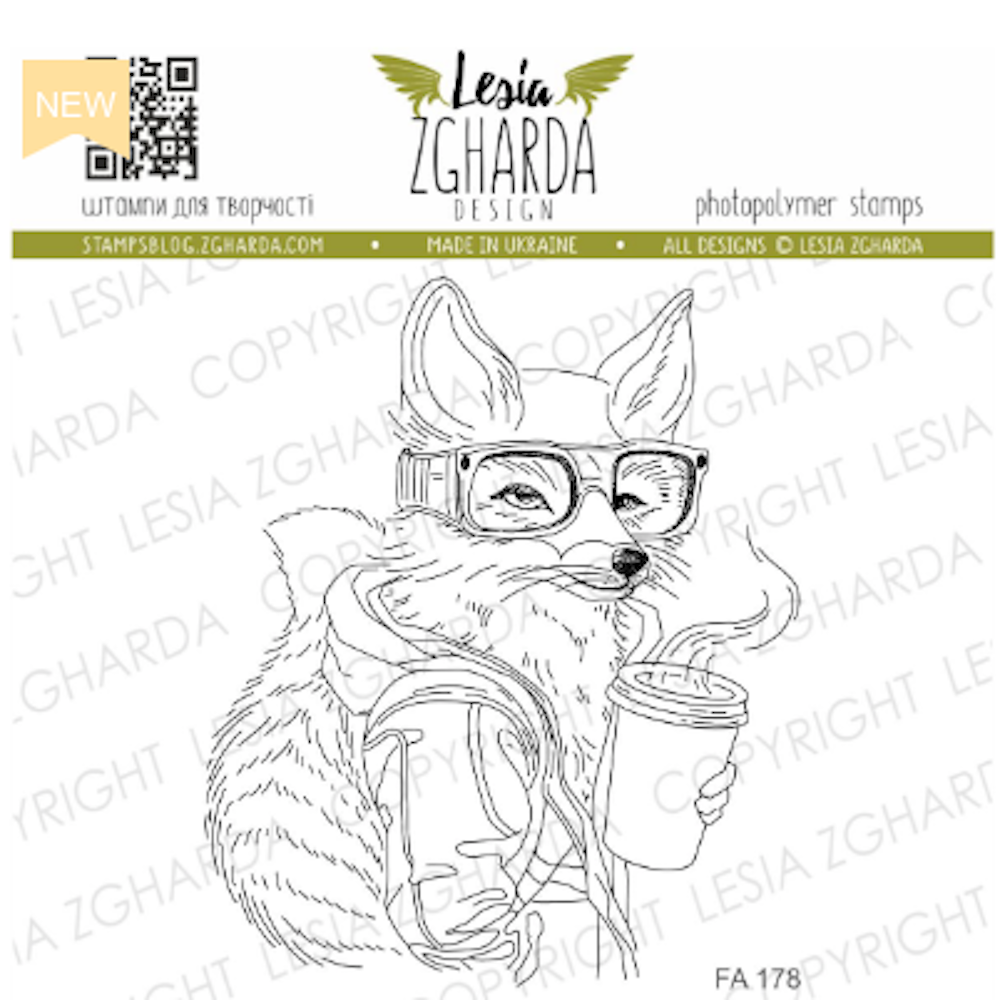 Lesia Zgharda Fox with Coffee Clear Stamp fa178