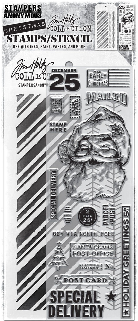 Tim Holtz Clear Stamps and Stencil SANTA Clear Stamp, PEPPERMINT AND TINSEL Stencil THMM154