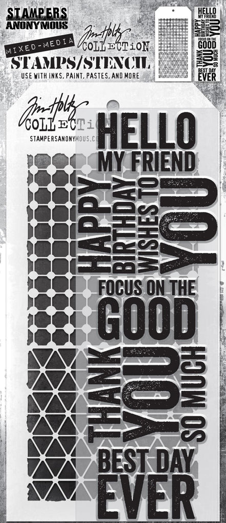 Tim Holtz Clear Stamps and Stencil BOLD SAYINGS AND GRID DOT DIAMONDS THMM140