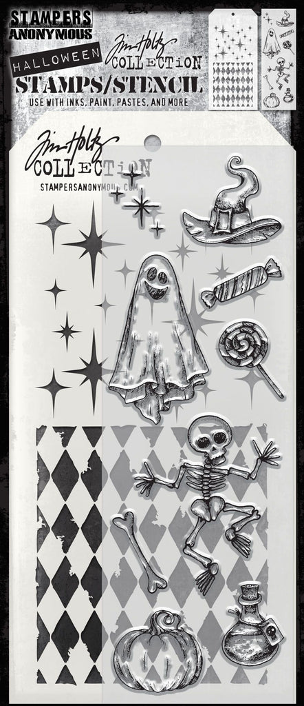 Tim Holtz Clear Stamps and Stencil HALLOWEEN DOODLES, HARLEQUIN AND SPARKLE THMM145