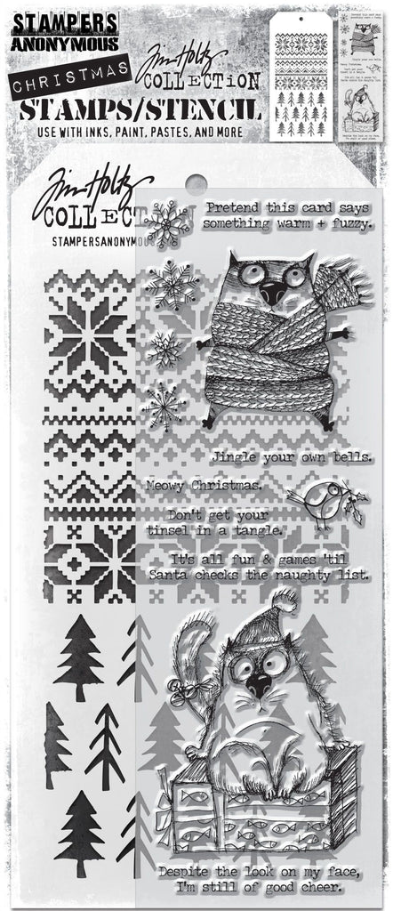 Tim Holtz Clear Stamps and Stencil SNARKY CAT CHRISTMAS THMM134