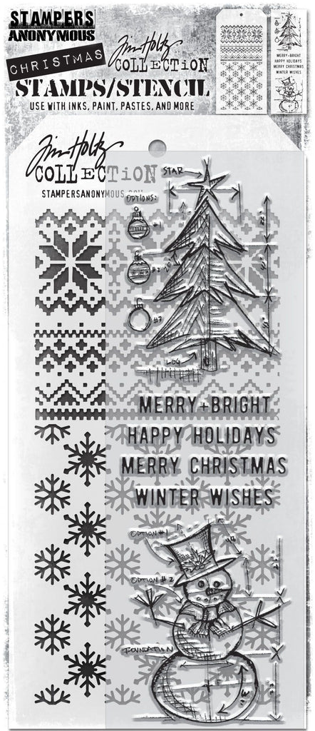 Tim Holtz Clear Stamps and Stencil BLUE PRINTS WINTER Clear Stamp, FLURRIES and HOLIDAY Stencil THMM158