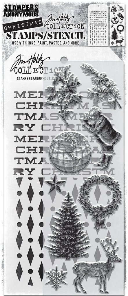 Tim Holtz Clear Stamps and Stencil HOLIDAY THINGS Clear Stamp, DIAMOND DOT and XMAS Stencil THMM152